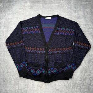 Oakton Sweater Mens XL Black Purple Geometric Knit Cardigan Vintage 90s Preppy